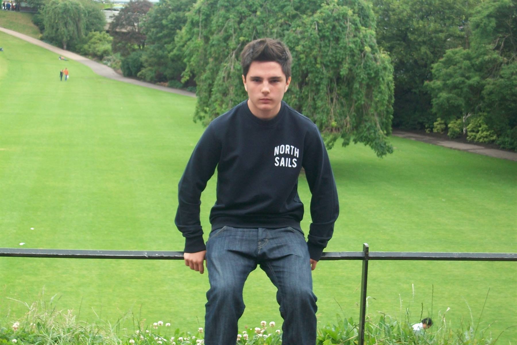 Boy in black sweatshirt sitting on a railing in a green park