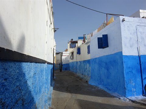 Vicolo con muri bianchi e azzurri, persiane blu, a Essaouira