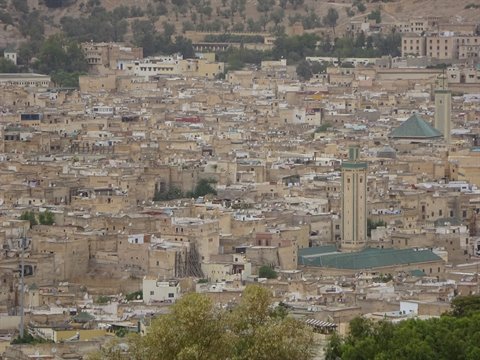 Fes: case d'argilla ammucchiate, minareto e tetti verdi sotto la luce.