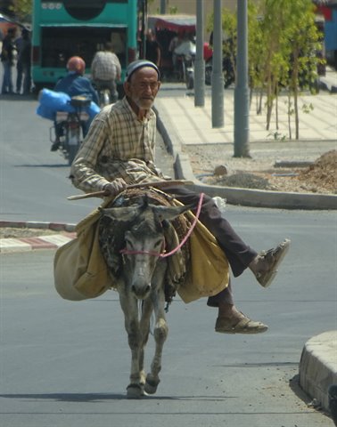 Anziano con la gamba tesa sale a cavallo di un asino carico di sacchi, per strada