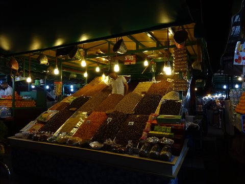 Dried fruit and dates stall at Marrakech night market