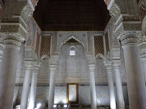 Marble columns and carved stucco in the Hall of Twelve Columns, Saadian Tombs, Marrakech