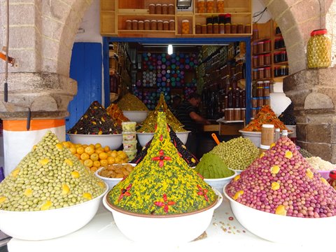 Cones of olives and pickled goods in the Essaouira souk