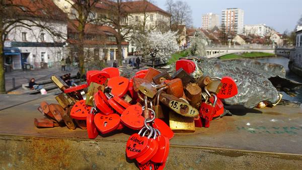 Red love locks on the Butchers' Bridge in Ljubljana