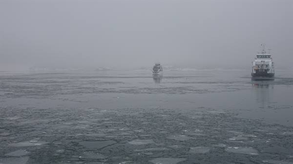 Two ferries among gray ice floes in thick fog, faint light