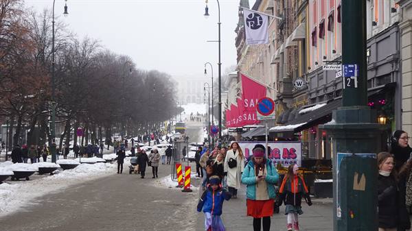 Pedestrians walking snowy Karl Johans gate, red flags and shop signs, grey winter light