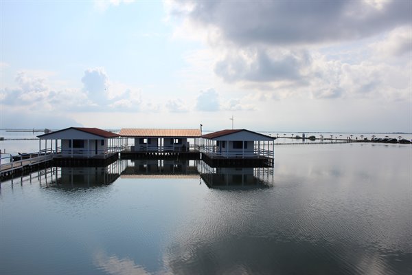 Above the quiet water, cabins suspended between sky and silence: a suspended moment.