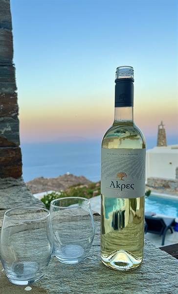 Bottle of Akres white wine with two glasses on stone ledge by the sea