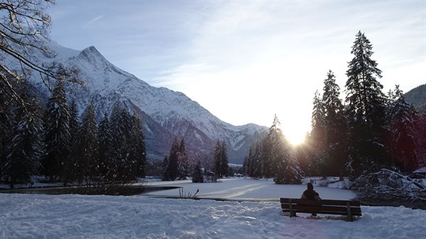 Bench on snow with person, snowy firs and sunlit mountains, Chamonix