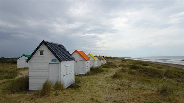 White wooden beach huts with colorful roofs on grassy dunes, Gouville sur Mer