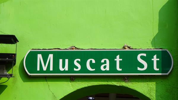 Green street sign reading Muscat St mounted on a bright green wall