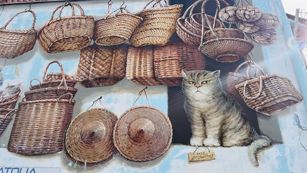 A guardian kitty among woven baskets: what a wonderful corner!