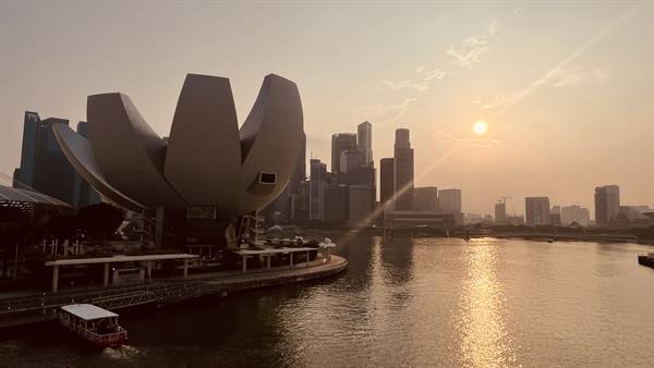 Lotus-shaped ArtScience Museum over Marina Bay, Singapore