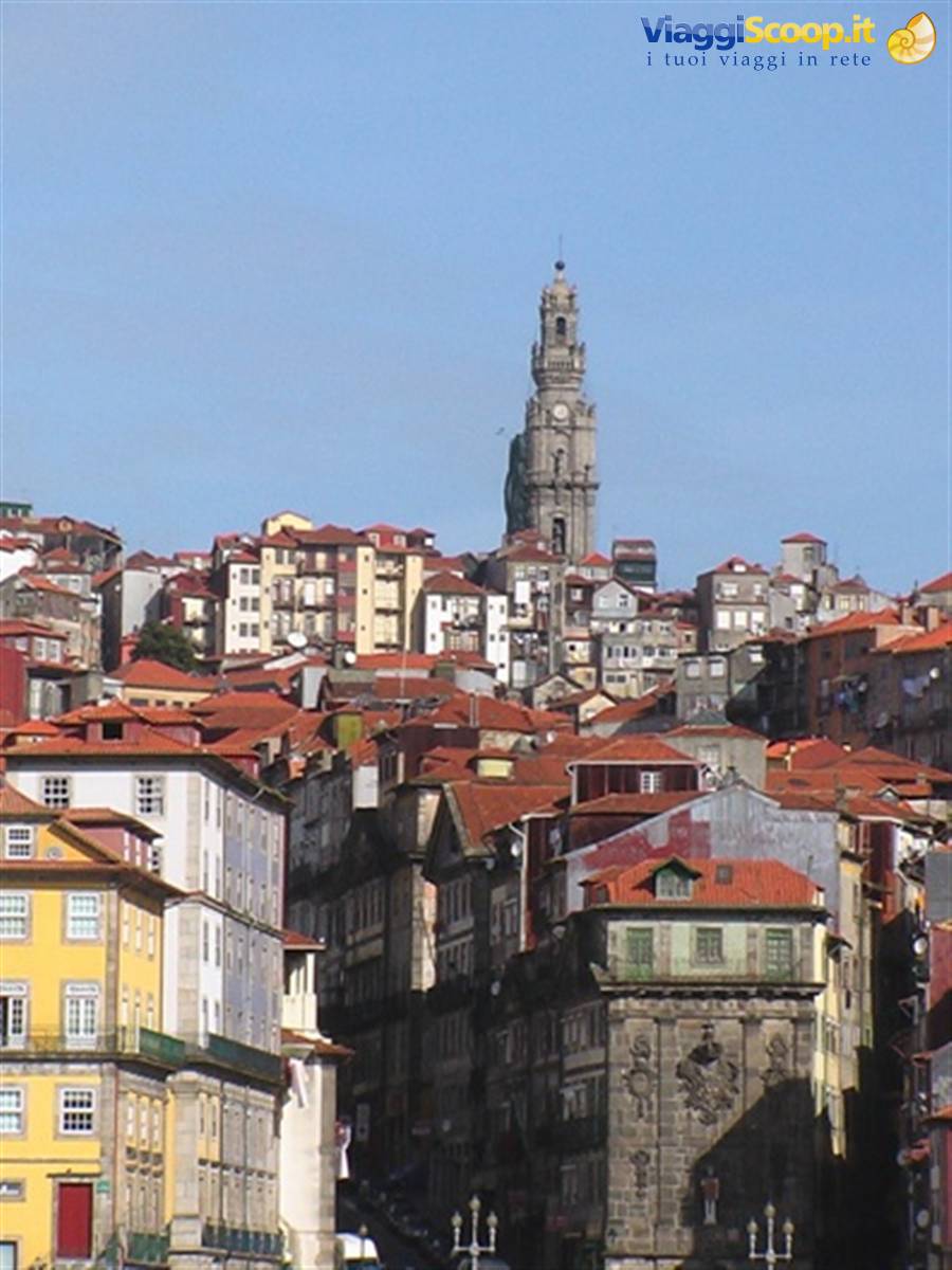 Colorful houses climb up toward the Torre dos Clérigos, Porto