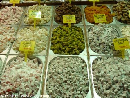 Metal trays of colorful Turkish delight at Istanbul's spice bazaar