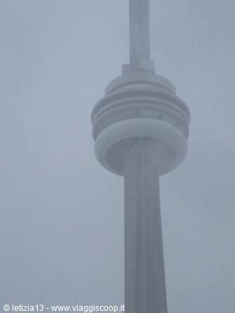 The CN Tower in Toronto shrouded in thick fog