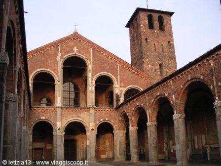 Brick cloister of Sant'Ambrogio in Milan with its bell tower