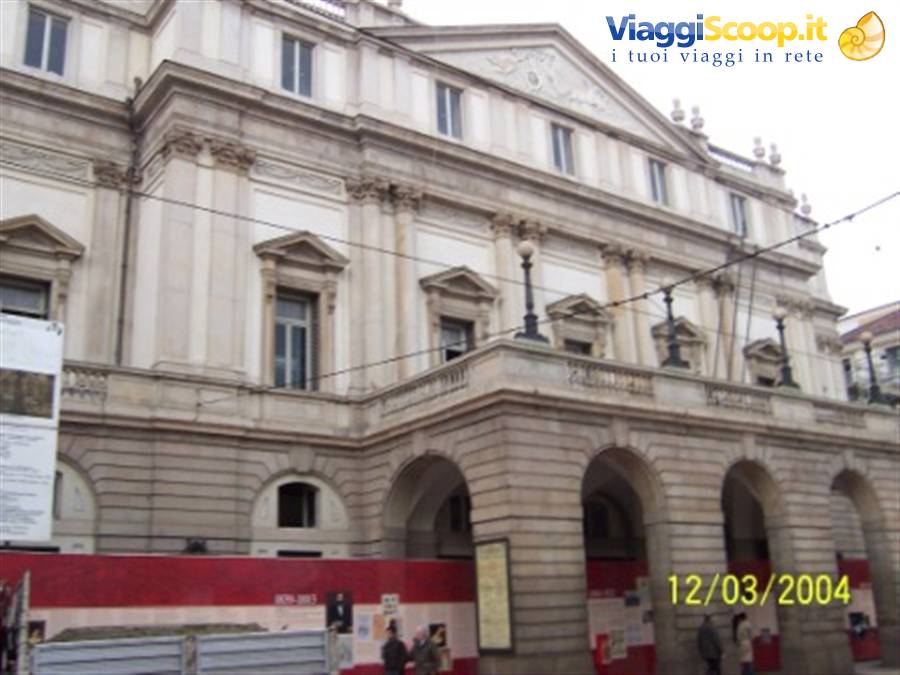 Teatro alla Scala in Milan, neoclassical facade with arches under grey light