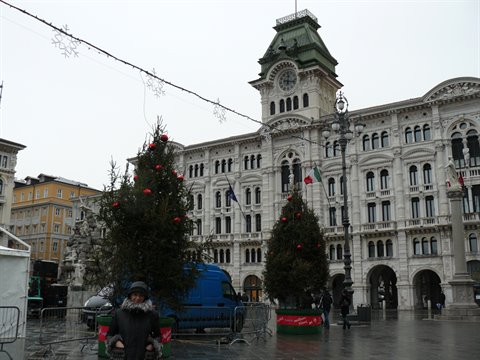 Piazza Unità in Trieste with Christmas trees in front of the town hall