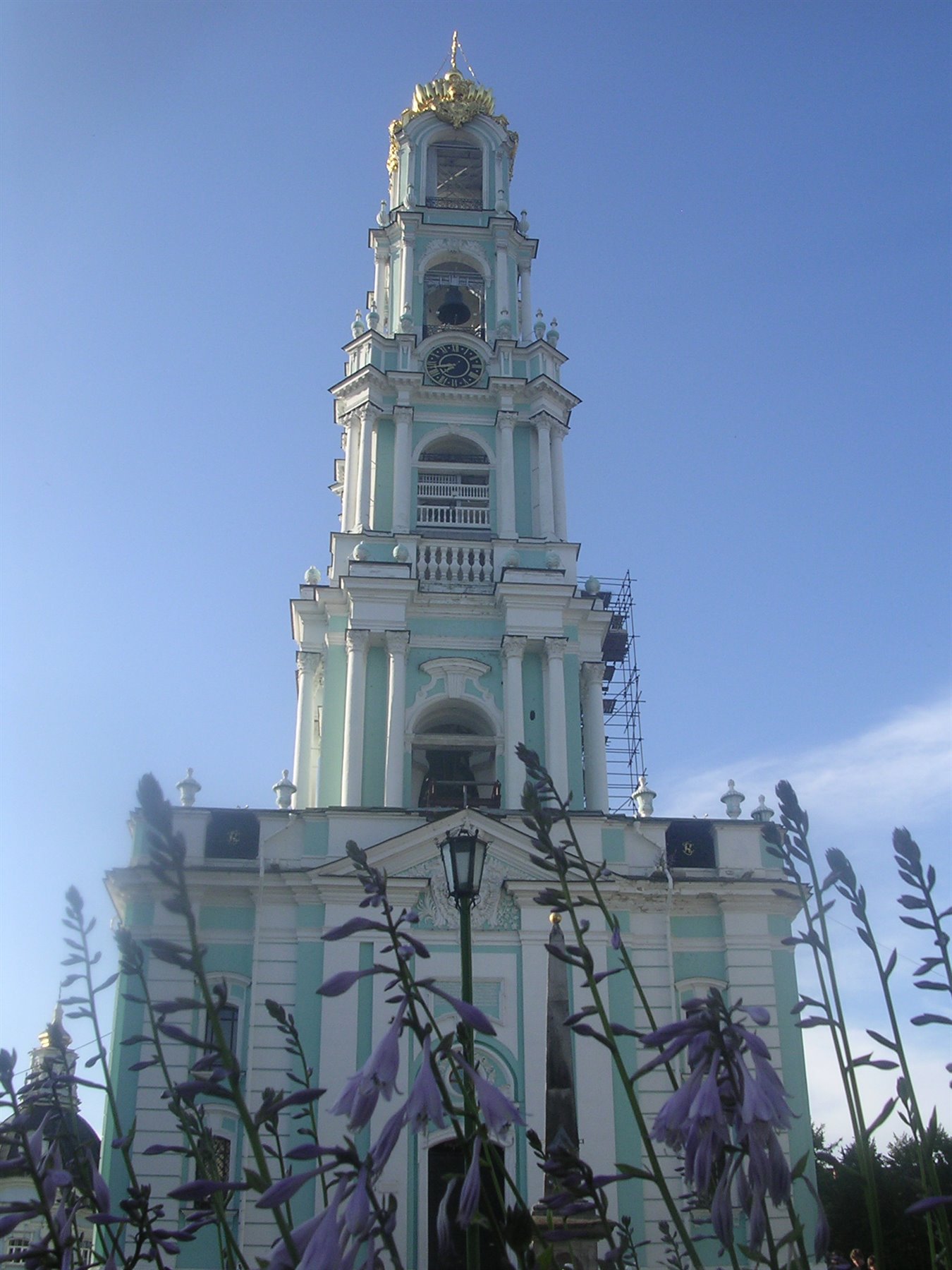 Campanile barocco azzurro di Sergiev Posad con cupola dorata, fiori viola in primo piano
