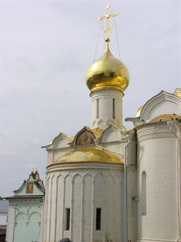 White church with gilded onion dome and cross, Rostov Kremlin church