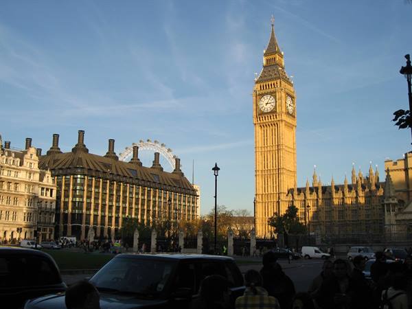 Big Ben and the London Eye bathed in sunlight, London
