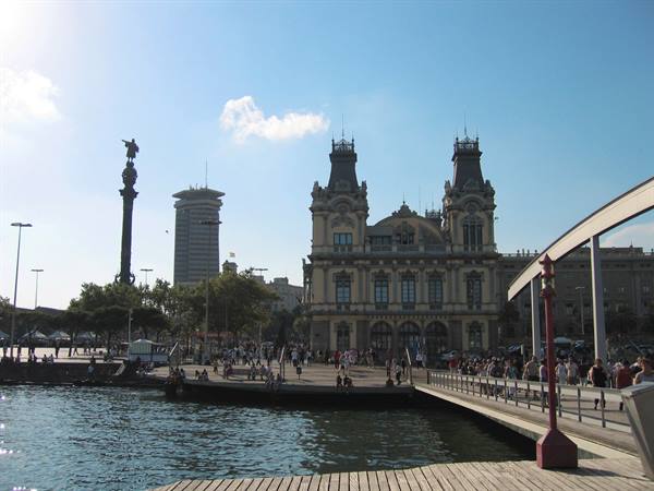 Palau de Mar at Barcelona's old harbor with Columbus column