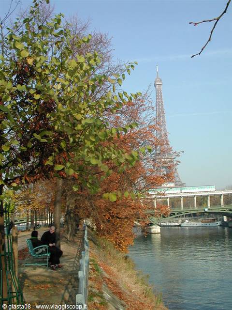 Eiffel Tower and Bir-Hakeim bridge over the Seine with autumn leaves