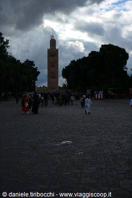 The Koutoubia minaret rises above the busy square in Marrakech