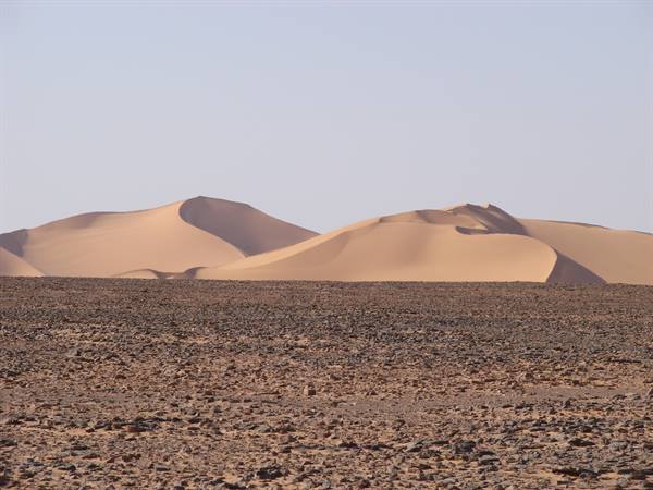 Pale sand dunes rising above a rocky desert plain, daylight