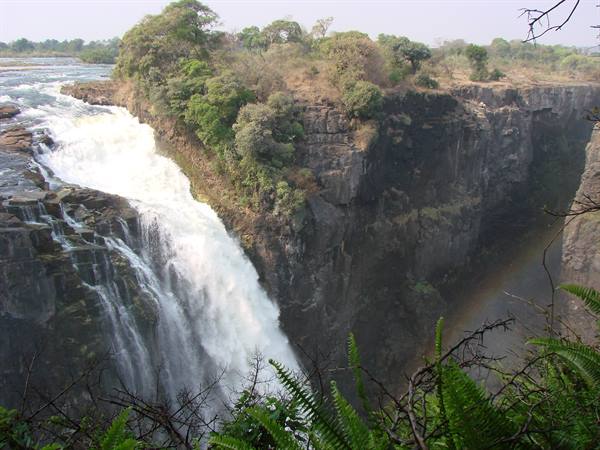 Powerful waterfall plunging into rocky gorge, green ferns and mist, Victoria Falls