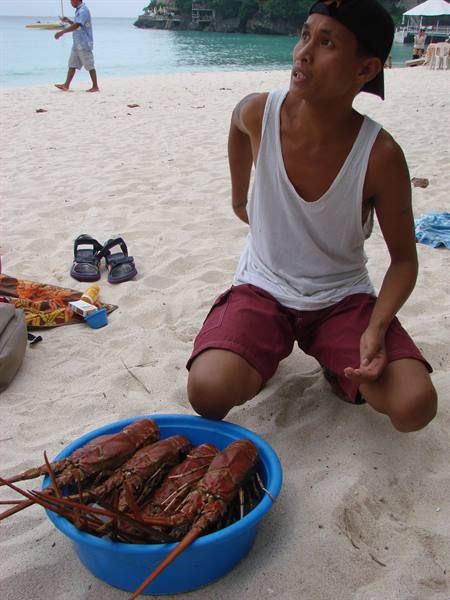 Young vendor in tank top and cap offers lobsters in blue basin on the beach