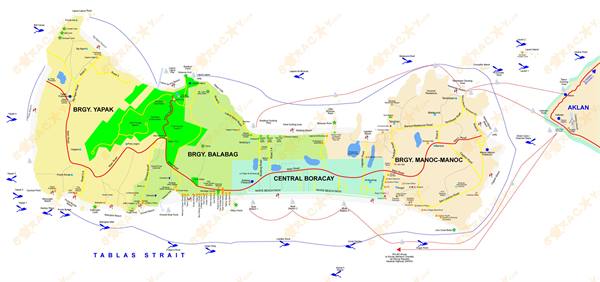 Tourist map of Boracay showing beaches, barangays and boat routes