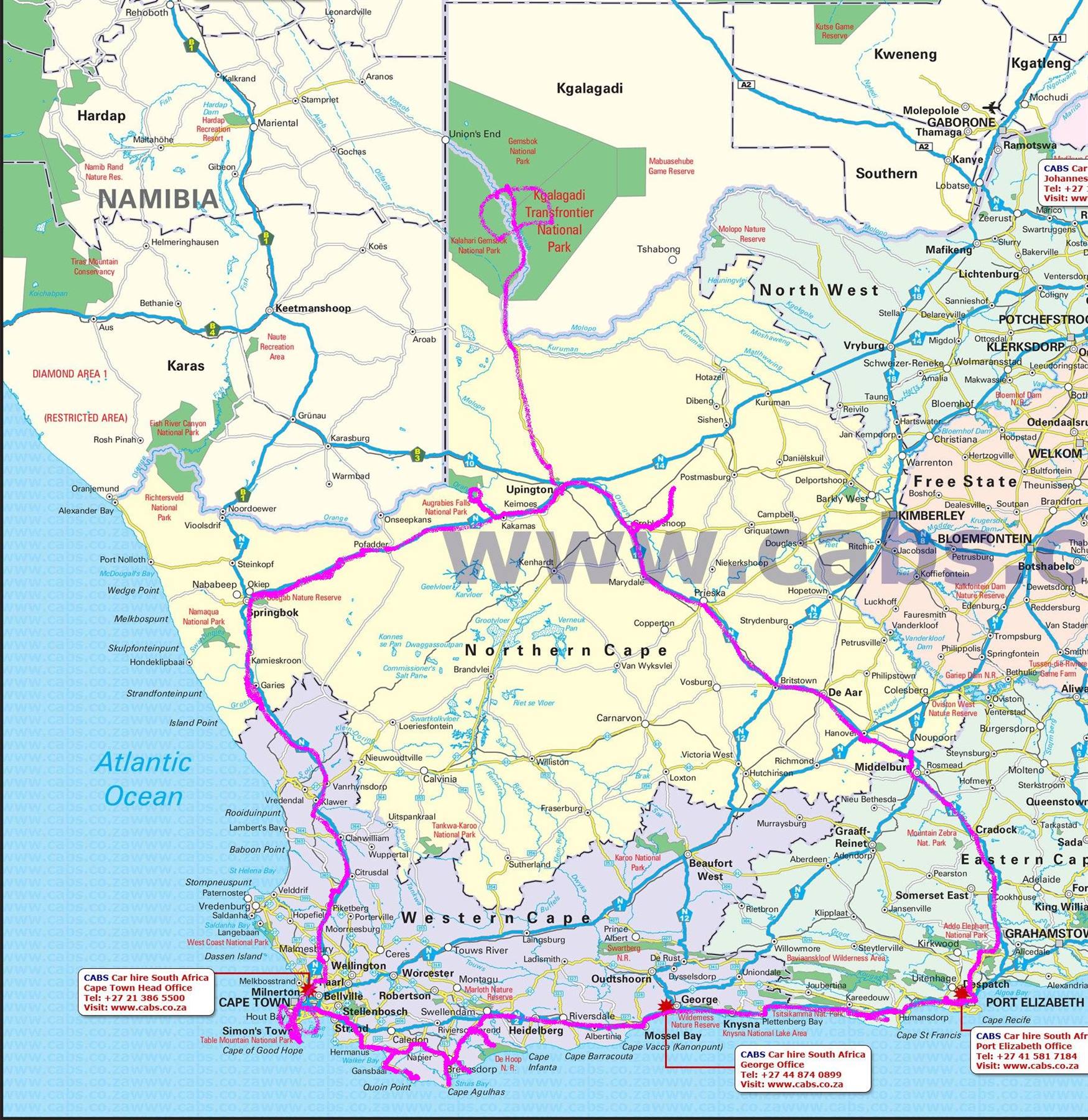 map with our itinerary marked in pink