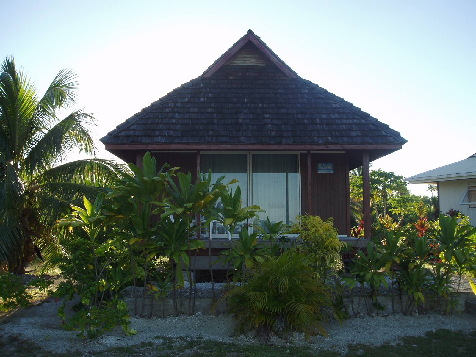 Wooden bungalow with thatched roof surrounded by palms and tropical plants
