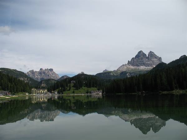 Lake Misurina: Tre Cime di Lavaredo peaks reflected in still water