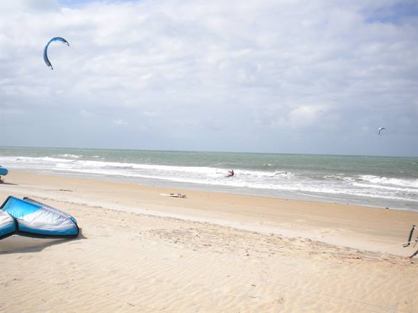 Blue kites and kite on the sand, kitesurfer riding ocean waves