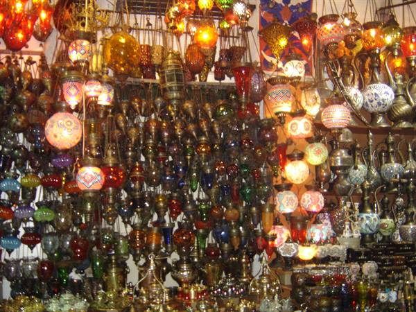 Colorful glass lanterns hanging in a shop at Istanbul's Grand Bazaar