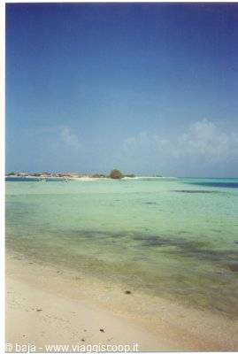 Shallow turquoise water over white sand, small island with houses and boats ahead
