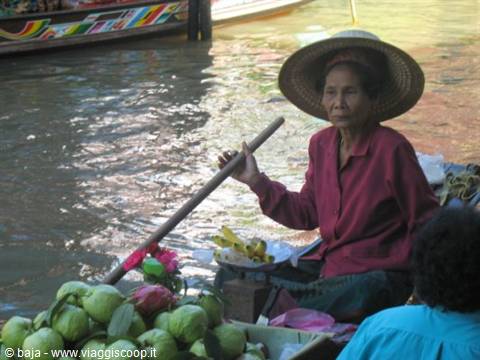 Vendor in straw hat paddles fruit-laden boat at Damnoen Saduak floating market