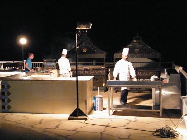 the barbecue on the terrace with meat and fish, fried fish, kebab, chicken etc.