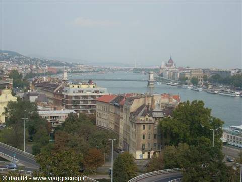 Budapest: the Danube with the Chain Bridge and Parliament among buildings