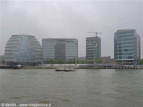 London City Hall and glass office buildings along the Thames under grey sky