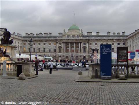 Somerset House in London with the ice rink and equestrian statue