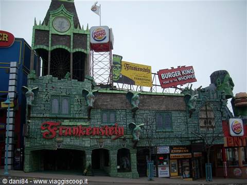 Frankenstein-themed building at Niagara Falls, green facade with Burger King signs