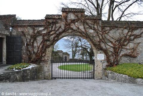 Stone gateway with bare ivy and iron gate over gravel driveway