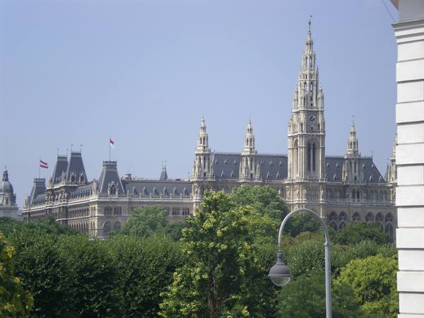 Vienna's Rathaus above green trees, Gothic tower under a blue sky