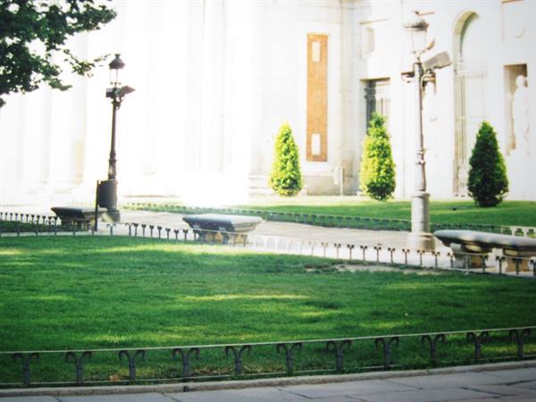 Fenced lawn with stone benches, wrought-iron lampposts and conifers before a white palace