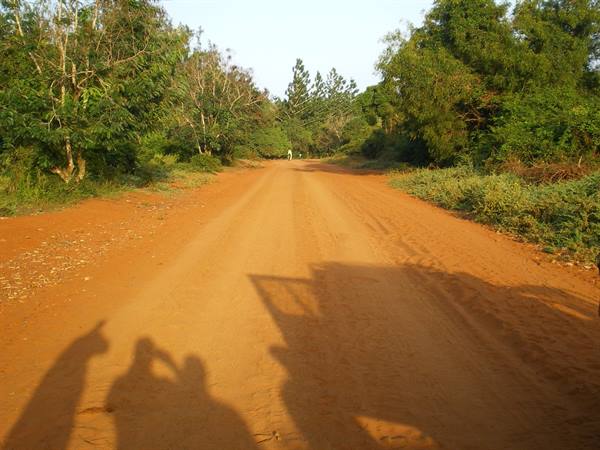 Red dirt road through tropical trees, shadows of people and a vehicle in foreground