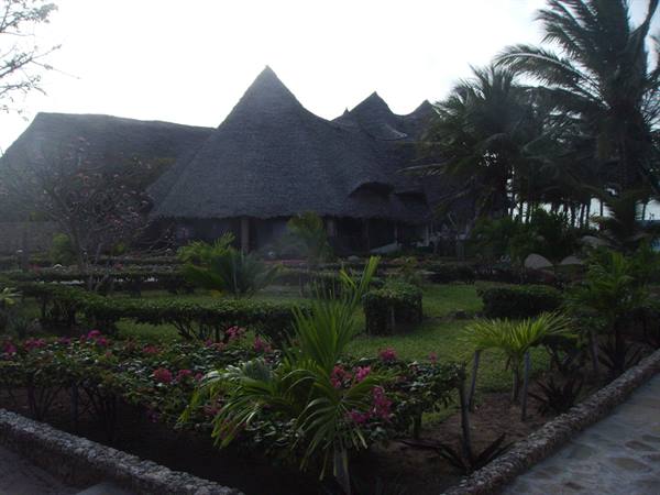 Thatched-roof huts among palms and flowers in soft daylight